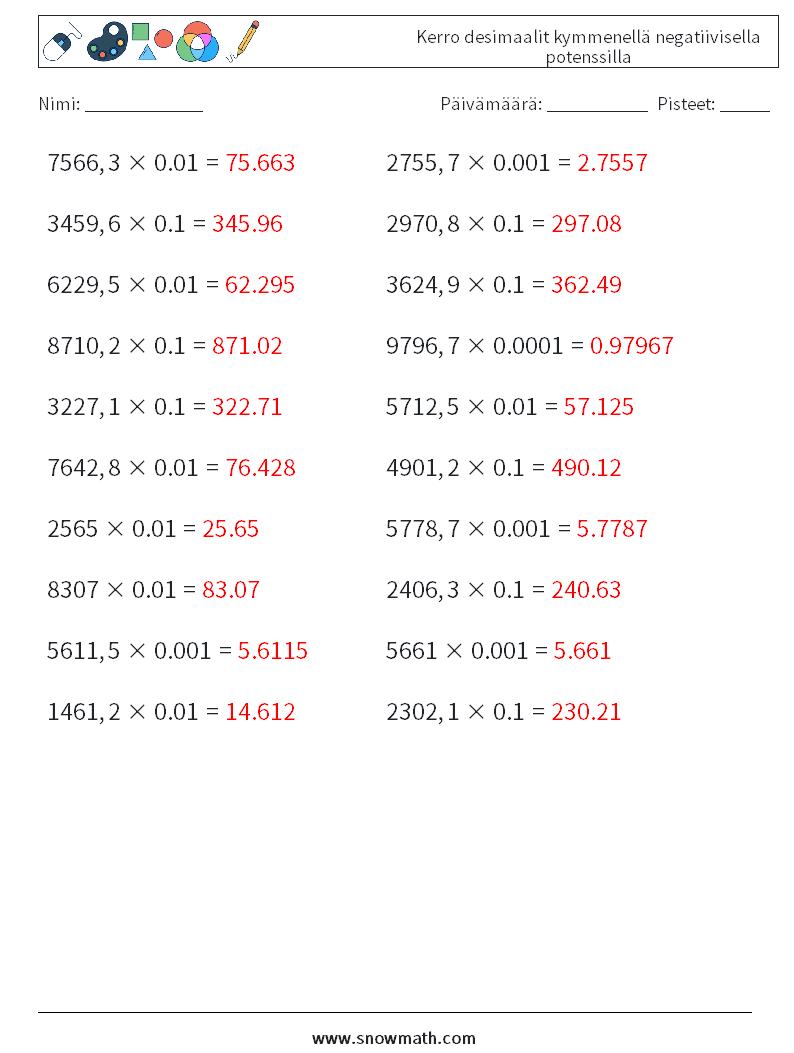 Kerro desimaalit kymmenellä negatiivisella potenssilla Matematiikan laskentataulukot 12 Kysymys, vastaus