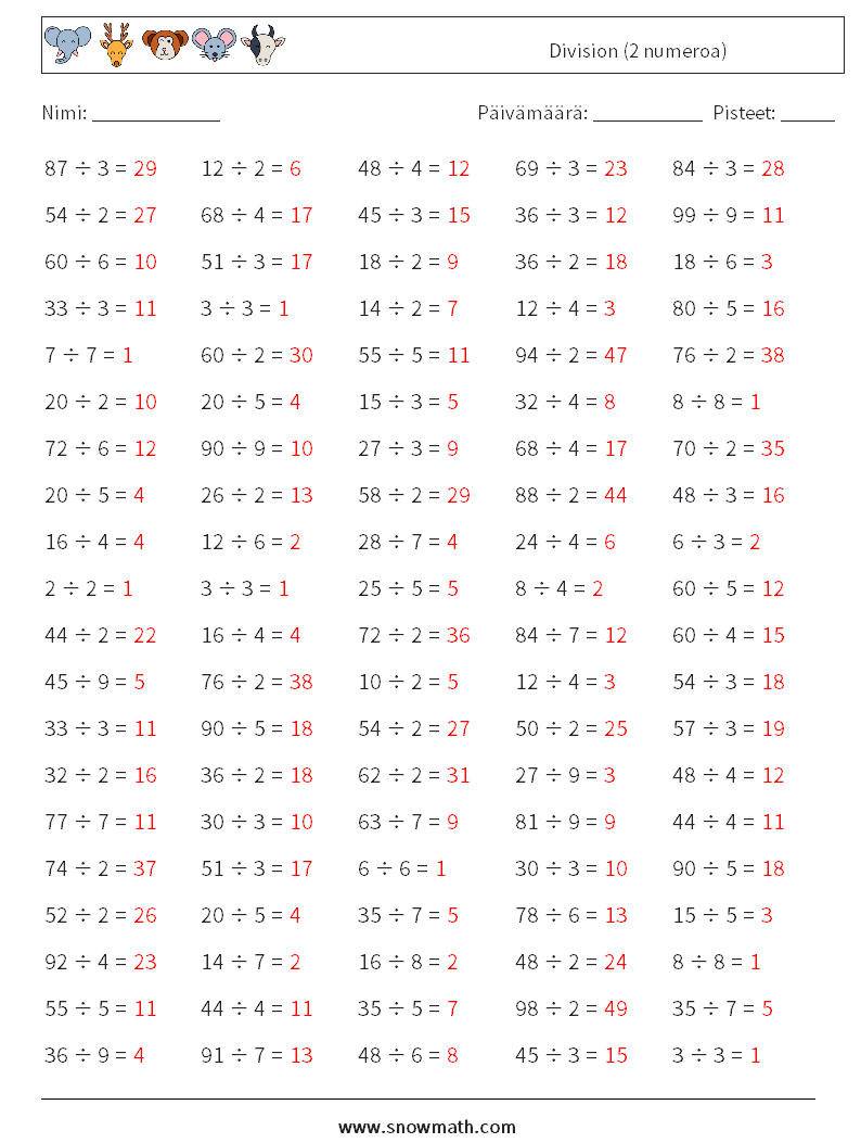 (100) Division (2 numeroa) Matematiikan laskentataulukot 1 Kysymys, vastaus