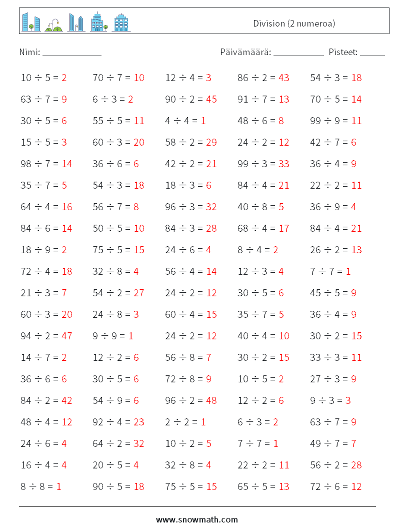 (100) Division (2 numeroa) Matematiikan laskentataulukot 2 Kysymys, vastaus