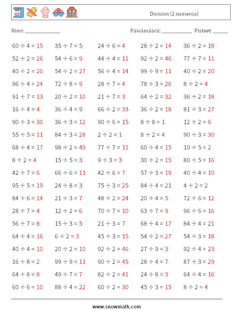 (100) Division (2 numeroa) Matematiikan laskentataulukot 4 Kysymys, vastaus