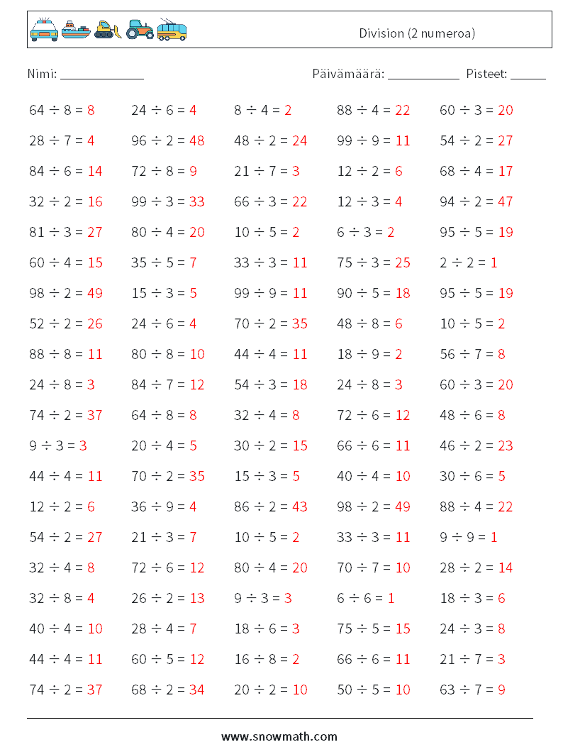 (100) Division (2 numeroa) Matematiikan laskentataulukot 8 Kysymys, vastaus