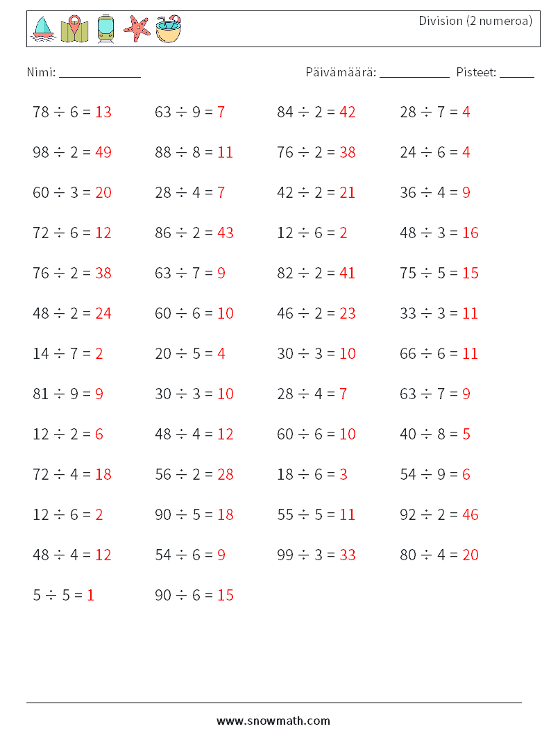 (50) Division (2 numeroa) Matematiikan laskentataulukot 9 Kysymys, vastaus