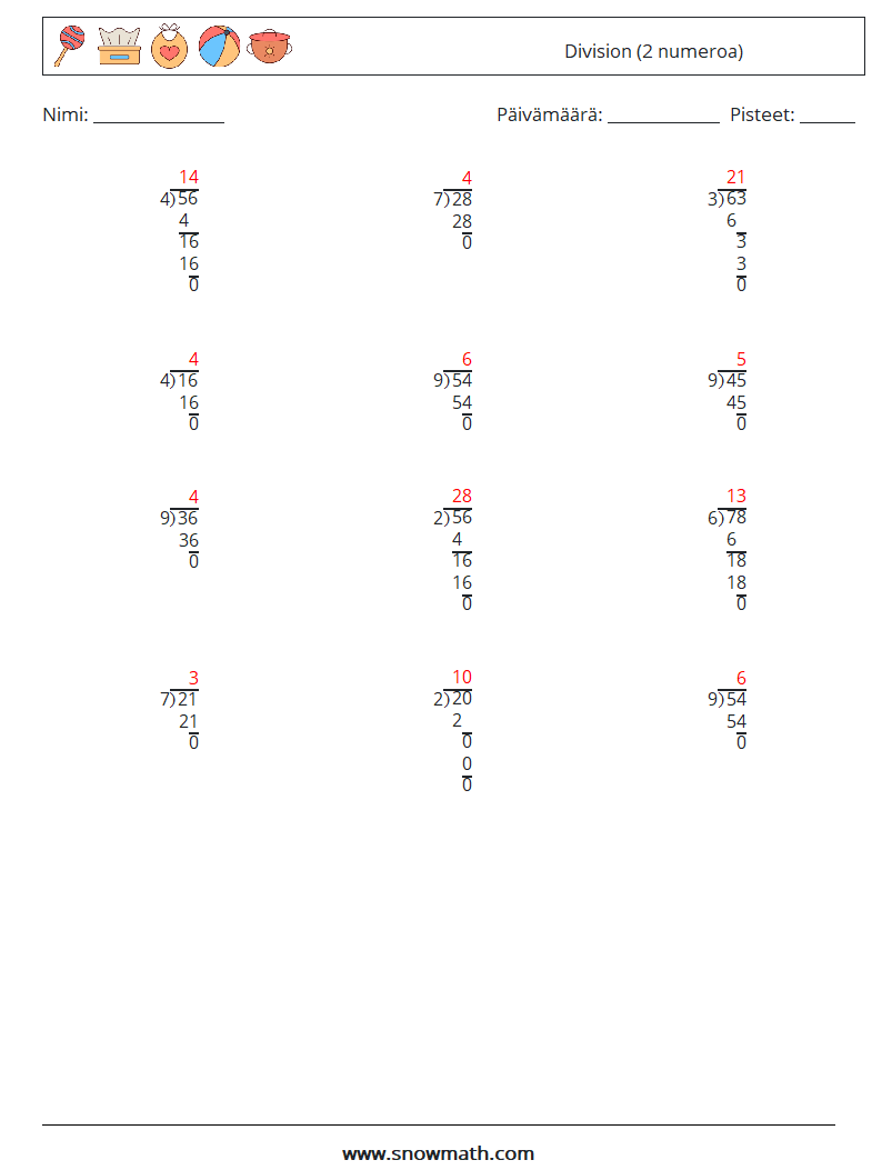 (12) Division (2 numeroa) Matematiikan laskentataulukot 14 Kysymys, vastaus