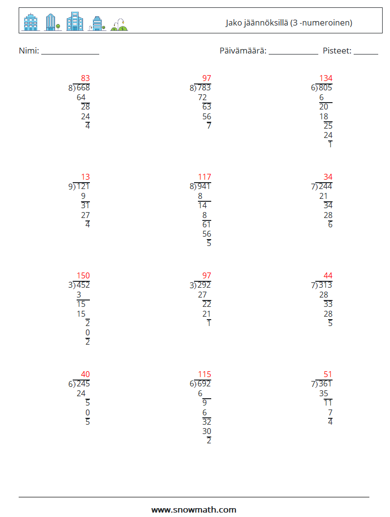 (12) Jako jäännöksillä (3 -numeroinen) Matematiikan laskentataulukot 14 Kysymys, vastaus