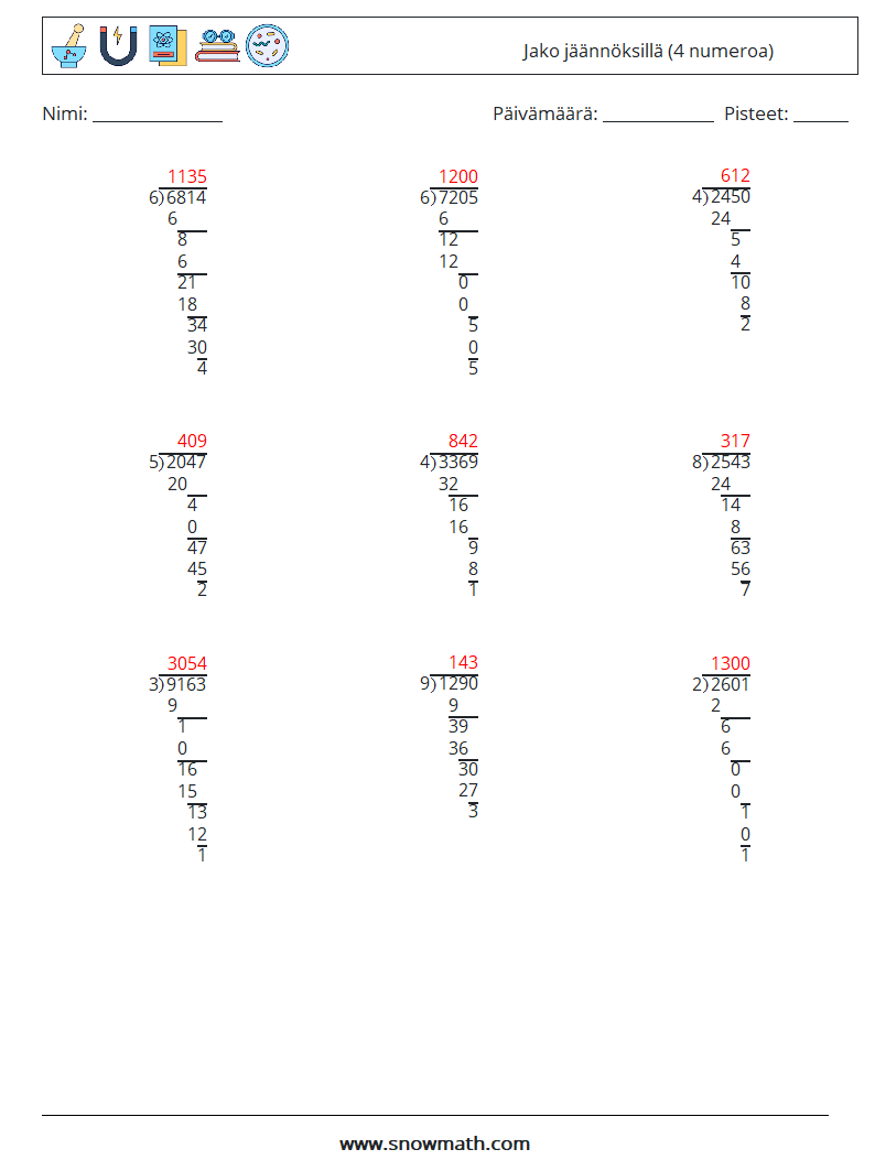 (9) Jako jäännöksillä (4 numeroa) Matematiikan laskentataulukot 11 Kysymys, vastaus