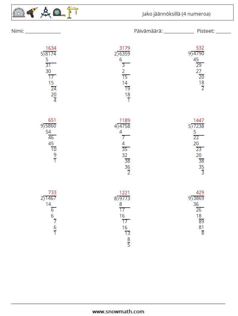 (9) Jako jäännöksillä (4 numeroa) Matematiikan laskentataulukot 12 Kysymys, vastaus