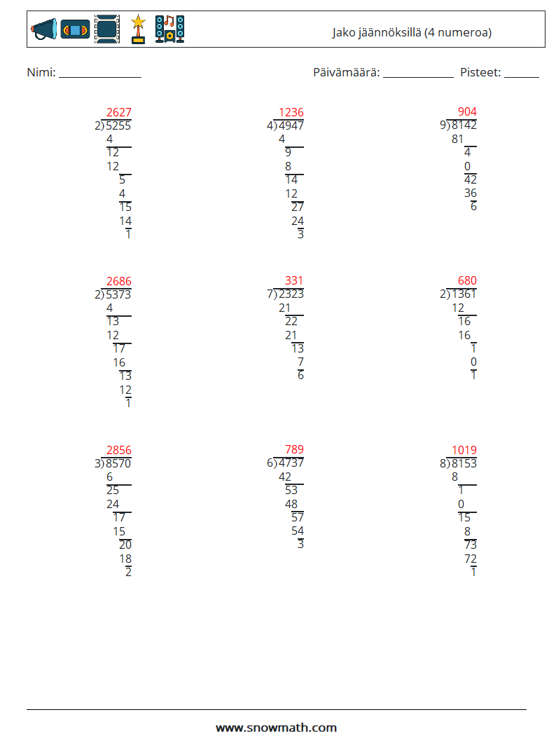 (9) Jako jäännöksillä (4 numeroa) Matematiikan laskentataulukot 13 Kysymys, vastaus