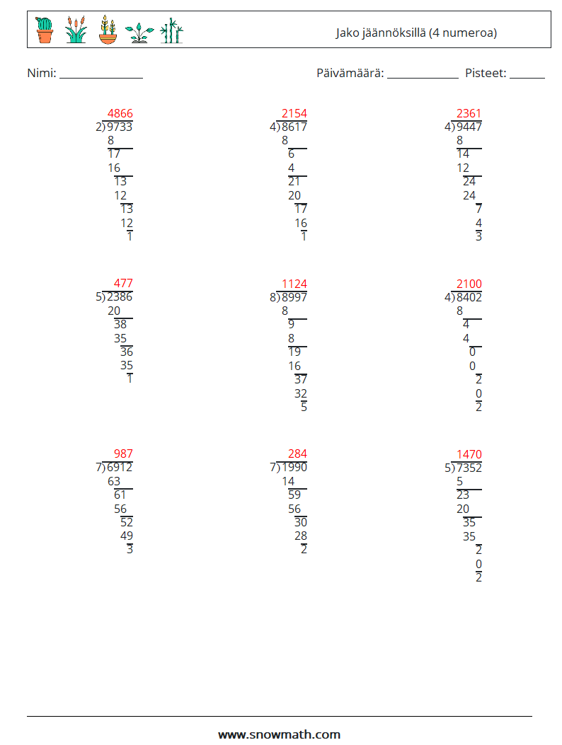 (9) Jako jäännöksillä (4 numeroa) Matematiikan laskentataulukot 14 Kysymys, vastaus