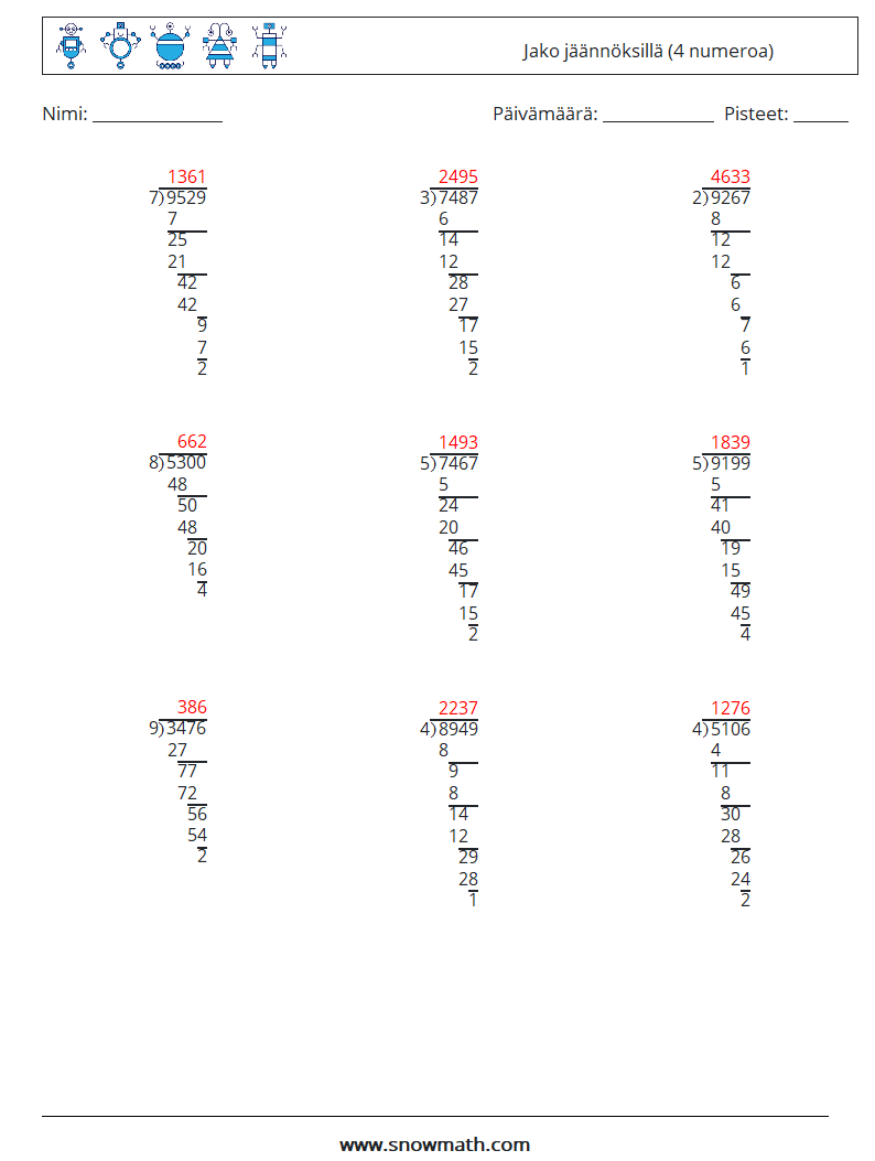 (9) Jako jäännöksillä (4 numeroa) Matematiikan laskentataulukot 15 Kysymys, vastaus