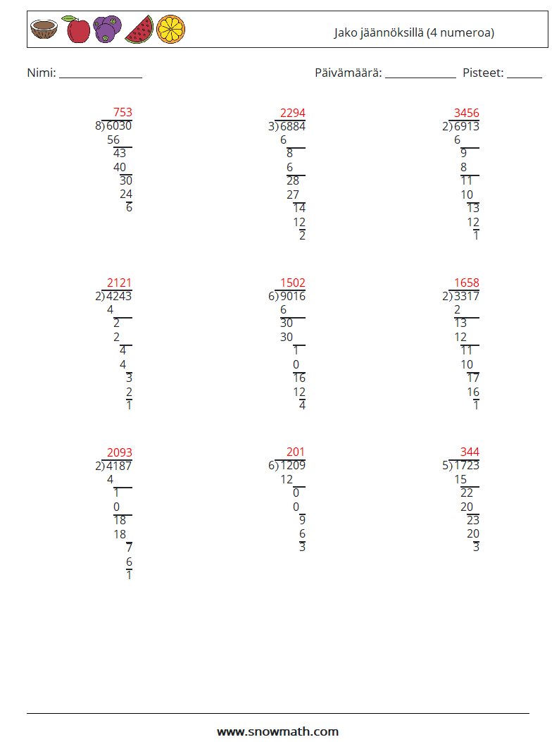 (9) Jako jäännöksillä (4 numeroa) Matematiikan laskentataulukot 16 Kysymys, vastaus