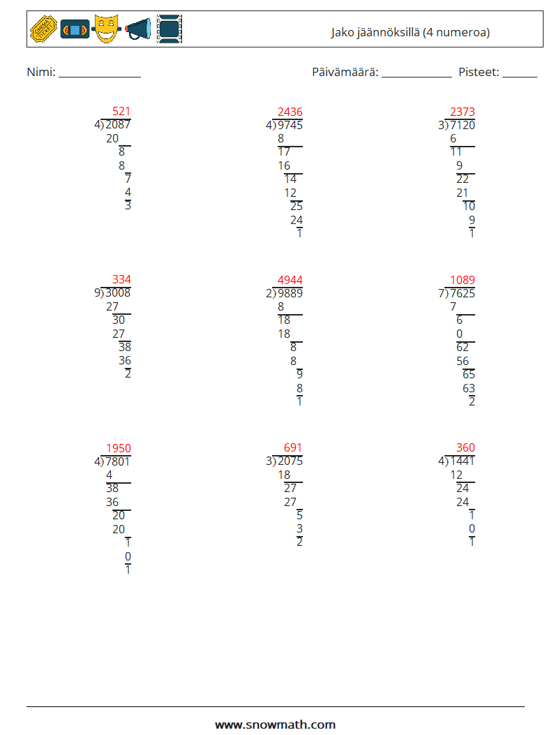 (9) Jako jäännöksillä (4 numeroa) Matematiikan laskentataulukot 17 Kysymys, vastaus