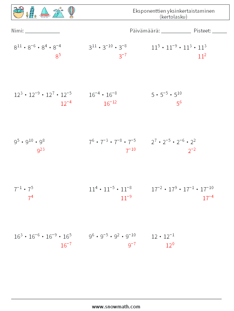 Eksponenttien yksinkertaistaminen (kertolasku) Matematiikan laskentataulukot 2 Kysymys, vastaus