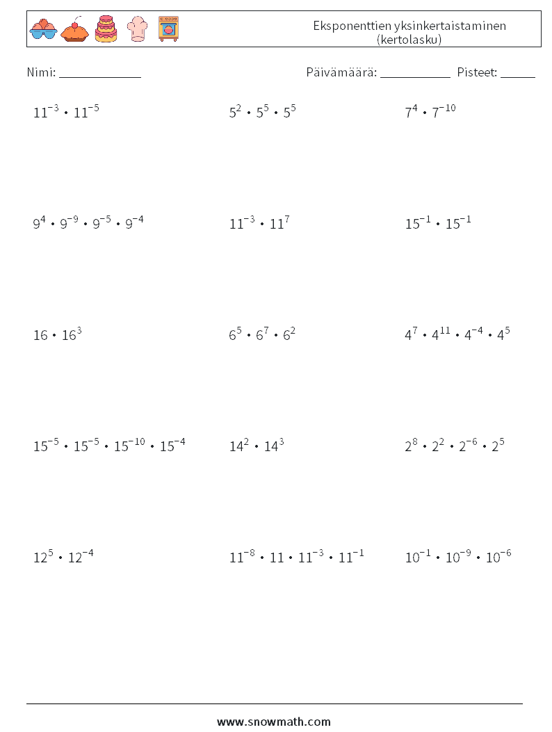 Eksponenttien yksinkertaistaminen (kertolasku) Matematiikan laskentataulukot 4