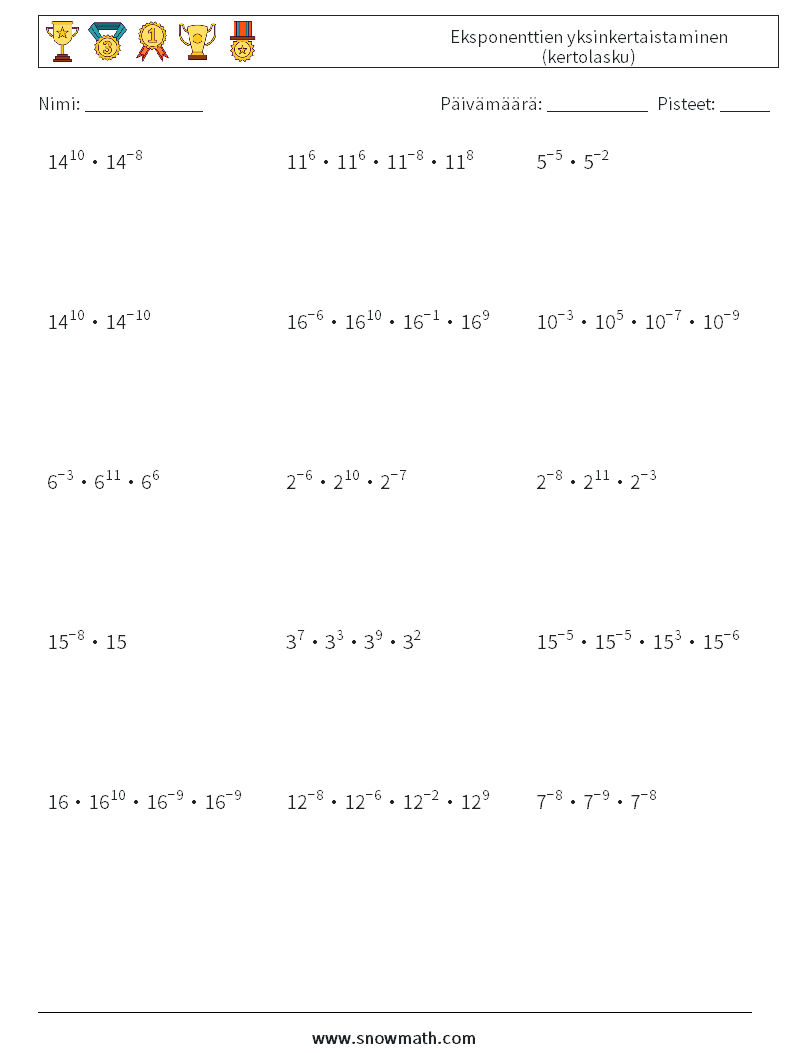 Eksponenttien yksinkertaistaminen (kertolasku) Matematiikan laskentataulukot 5