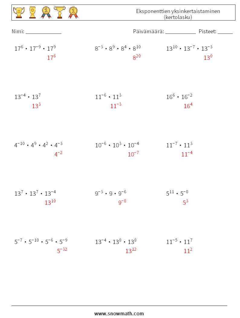Eksponenttien yksinkertaistaminen (kertolasku) Matematiikan laskentataulukot 6 Kysymys, vastaus