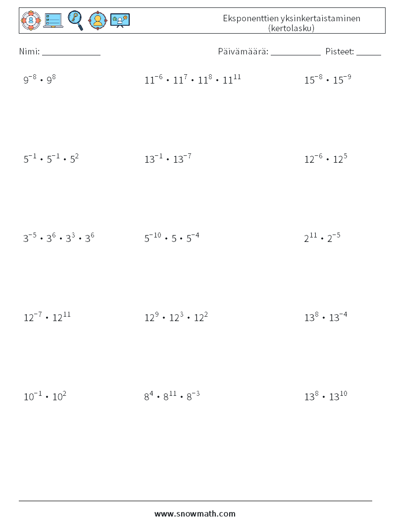 Eksponenttien yksinkertaistaminen (kertolasku) Matematiikan laskentataulukot 8