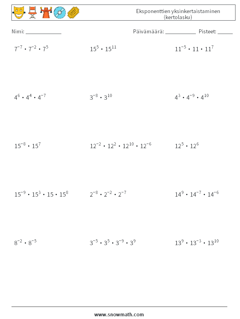 Eksponenttien yksinkertaistaminen (kertolasku) Matematiikan laskentataulukot 9