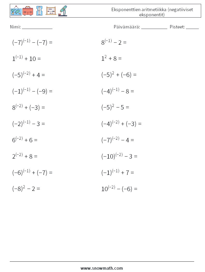  Eksponenttien aritmetiikka (negatiiviset eksponentit)