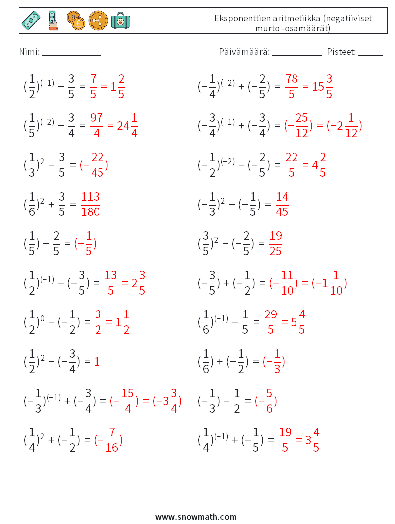  Eksponenttien aritmetiikka (negatiiviset murto -osamäärät) Matematiikan laskentataulukot 3 Kysymys, vastaus