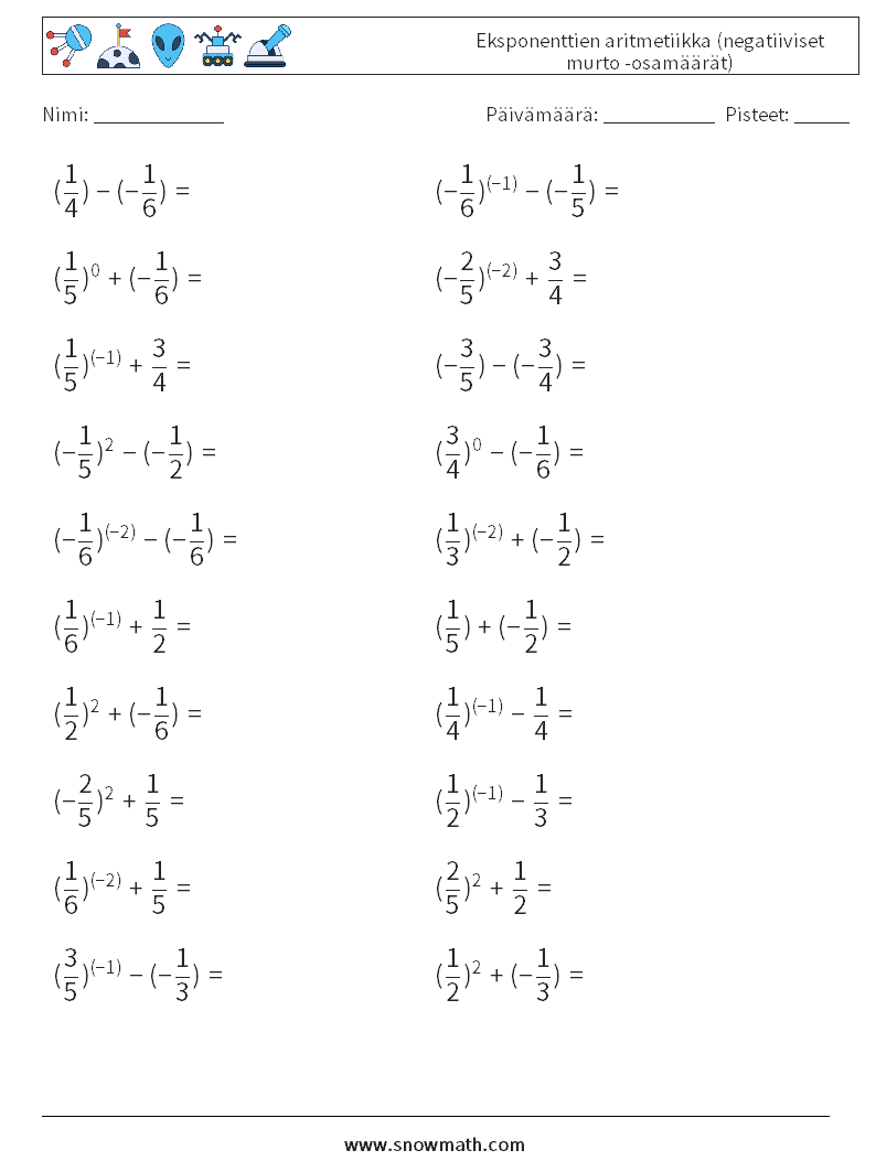  Eksponenttien aritmetiikka (negatiiviset murto -osamäärät) Matematiikan laskentataulukot 7