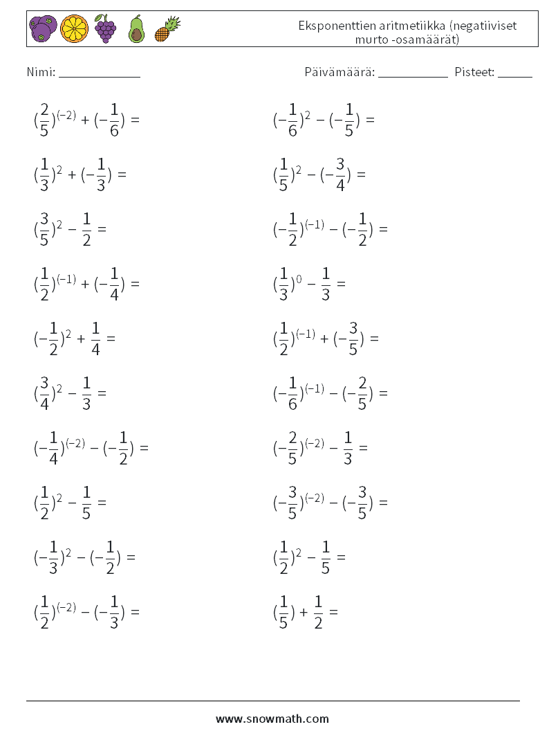  Eksponenttien aritmetiikka (negatiiviset murto -osamäärät) Matematiikan laskentataulukot 9