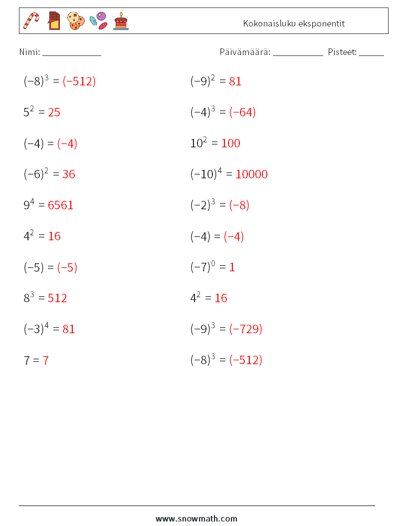 Kokonaisluku eksponentit Matematiikan laskentataulukot 1 Kysymys, vastaus