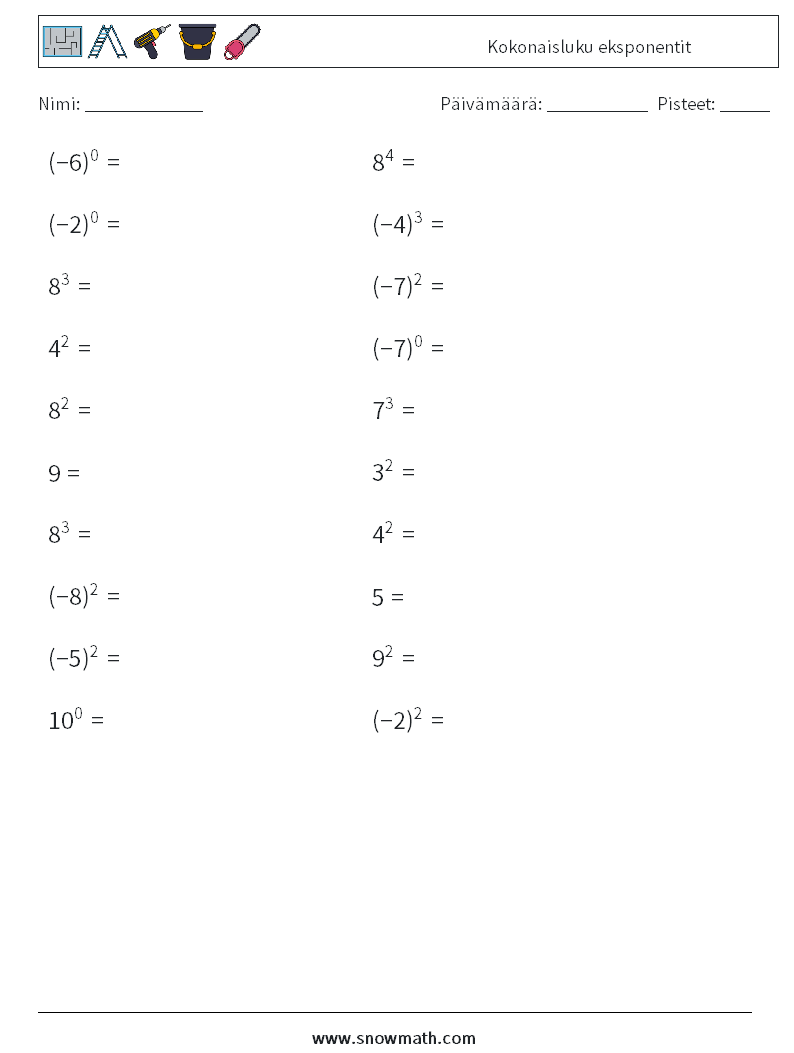 Kokonaisluku eksponentit Matematiikan laskentataulukot 4