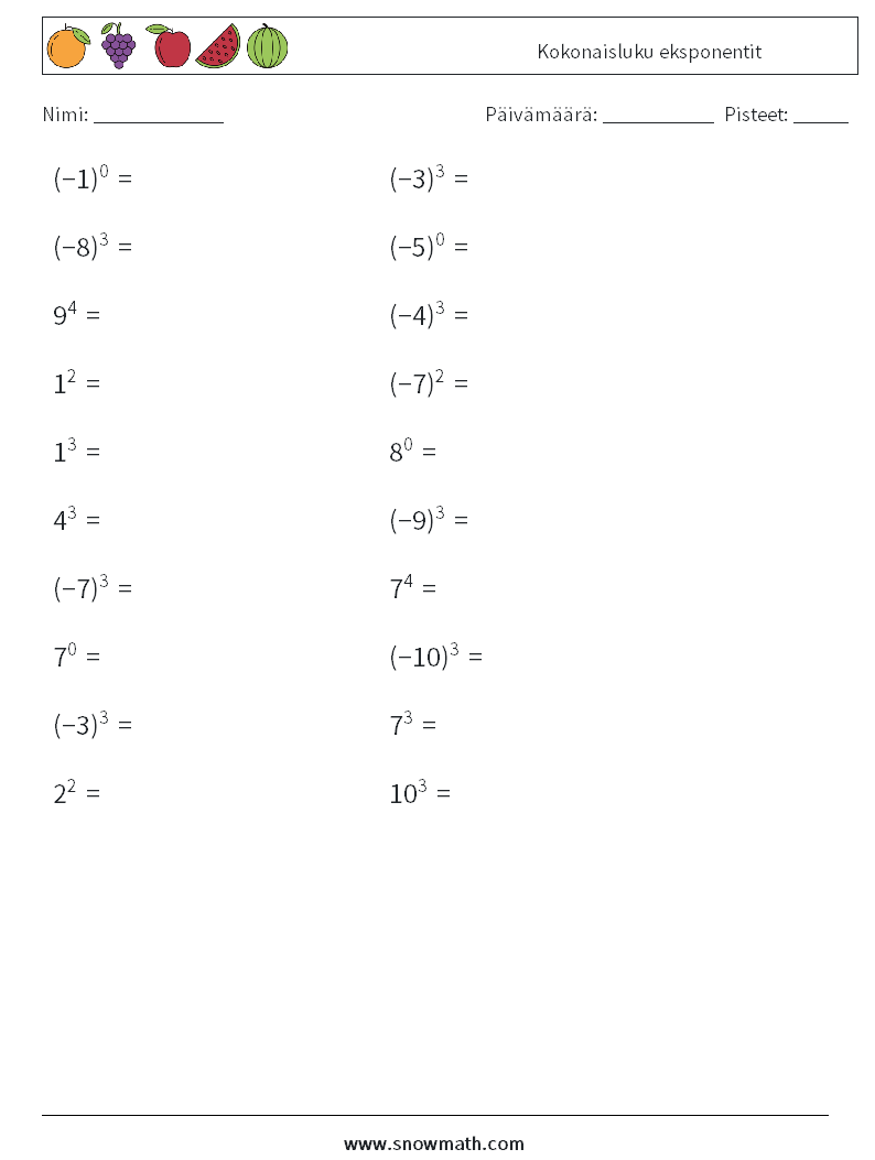 Kokonaisluku eksponentit Matematiikan laskentataulukot 6