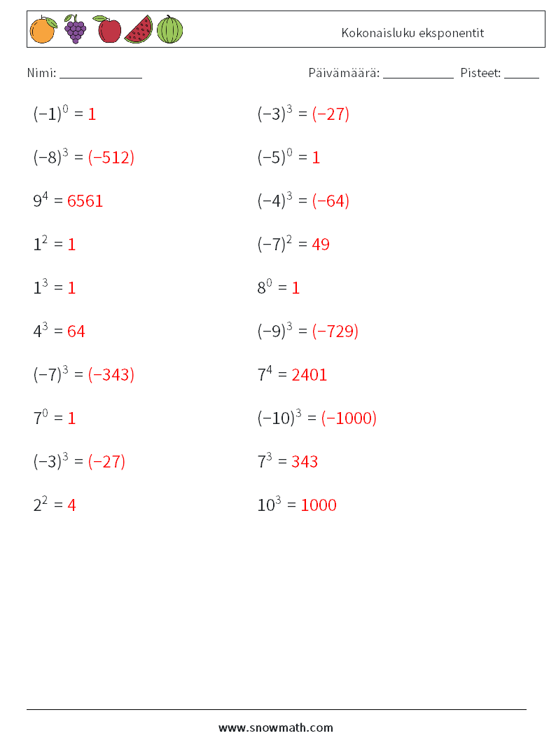 Kokonaisluku eksponentit Matematiikan laskentataulukot 6 Kysymys, vastaus