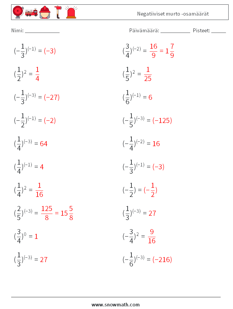 Negatiiviset murto -osamäärät Matematiikan laskentataulukot 1 Kysymys, vastaus