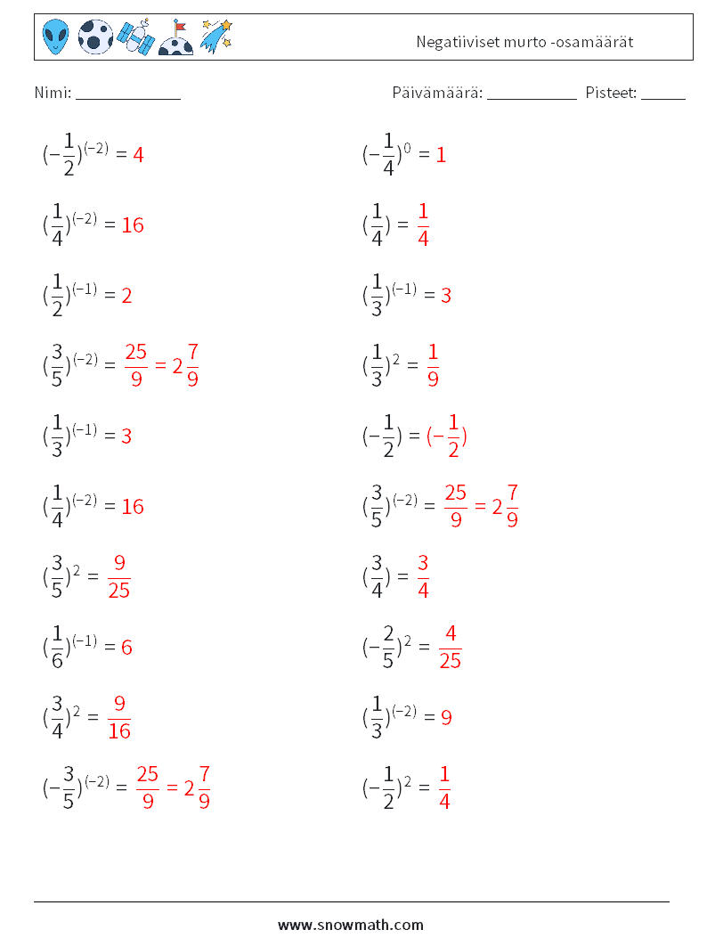Negatiiviset murto -osamäärät Matematiikan laskentataulukot 4 Kysymys, vastaus