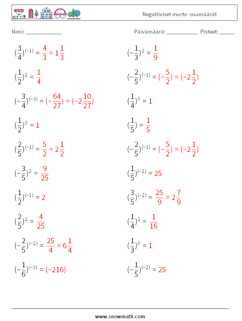 Negatiiviset murto -osamäärät Matematiikan laskentataulukot 5 Kysymys, vastaus