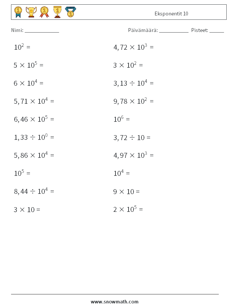 Eksponentit 10 Matematiikan laskentataulukot 9