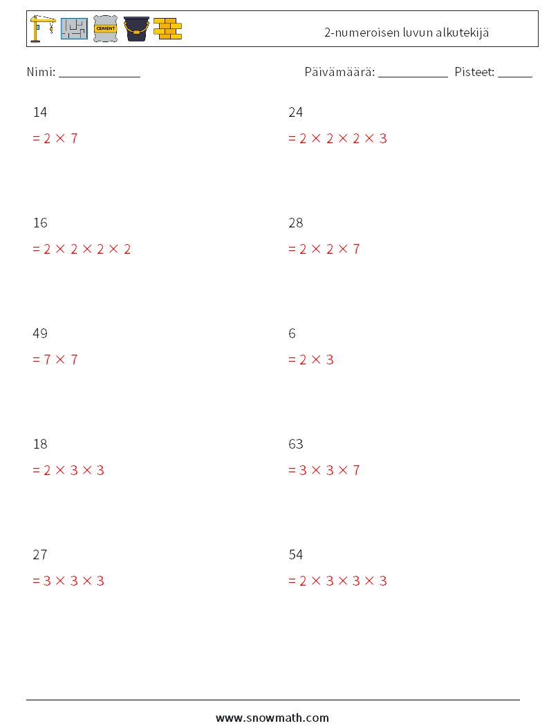 2-numeroisen luvun alkutekijä Matematiikan laskentataulukot 6 Kysymys, vastaus