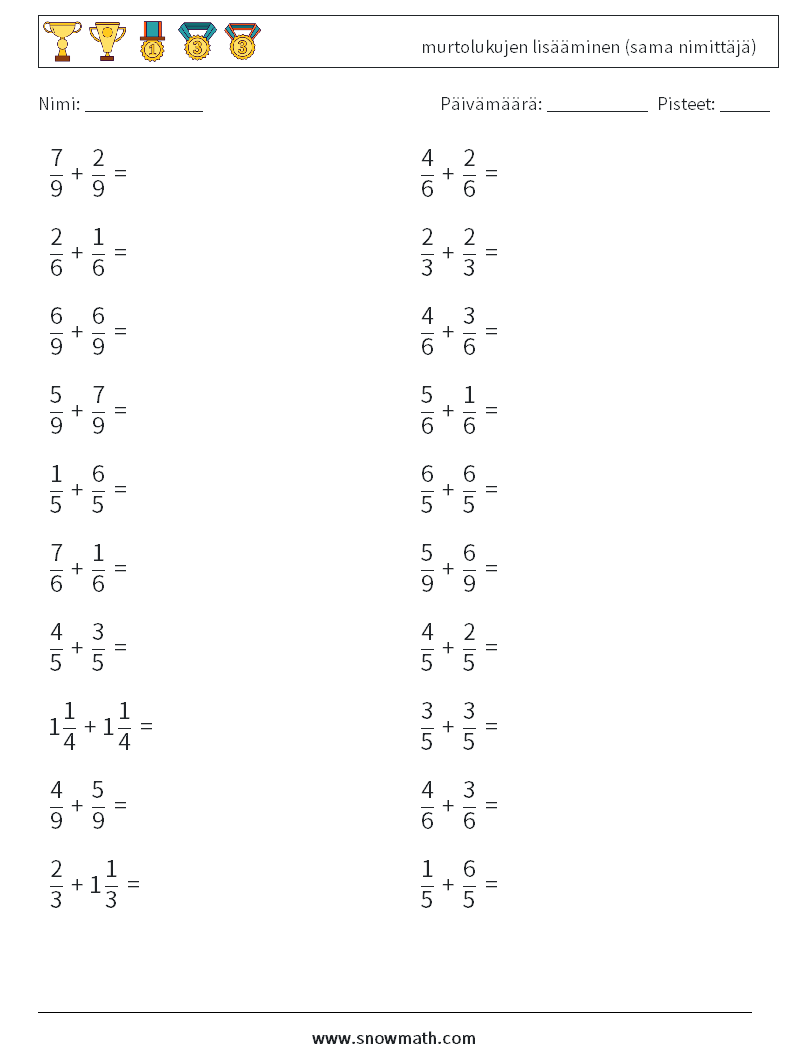(20) murtolukujen lisääminen (sama nimittäjä) Matematiikan laskentataulukot 10