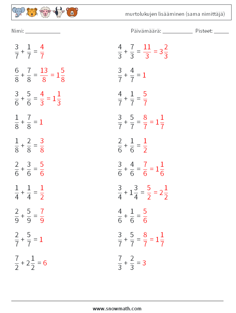 (20) murtolukujen lisääminen (sama nimittäjä) Matematiikan laskentataulukot 12 Kysymys, vastaus