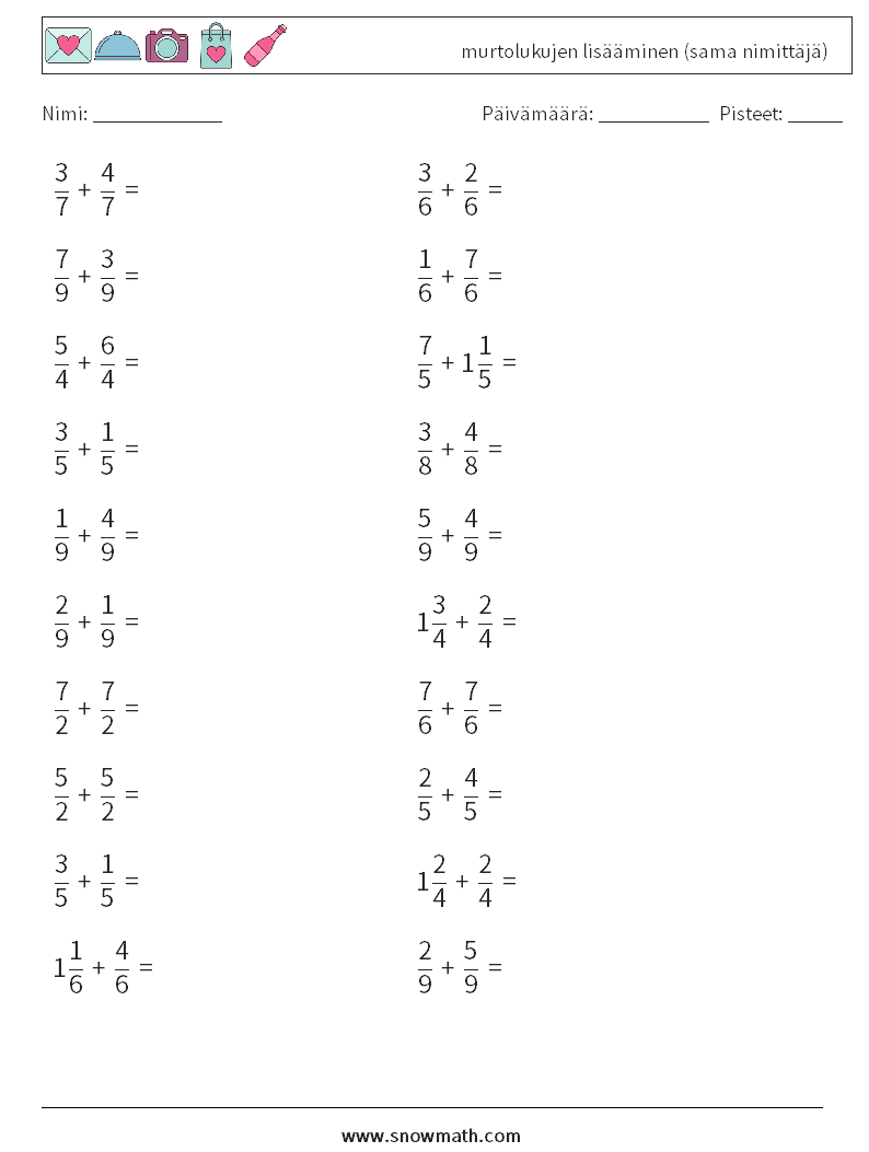 (20) murtolukujen lisääminen (sama nimittäjä) Matematiikan laskentataulukot 15