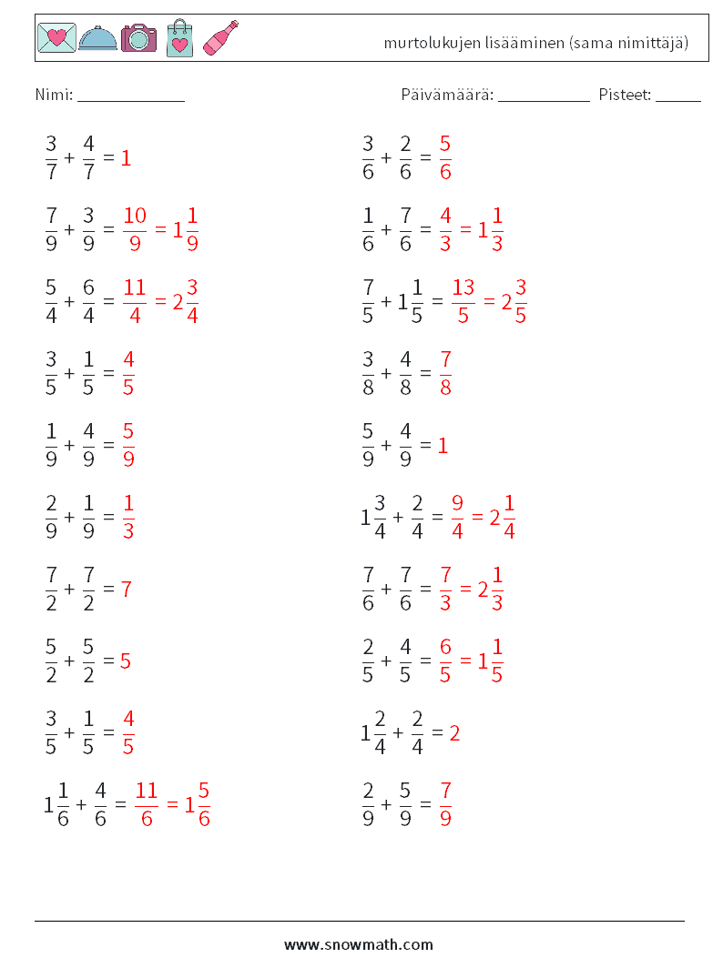 (20) murtolukujen lisääminen (sama nimittäjä) Matematiikan laskentataulukot 15 Kysymys, vastaus