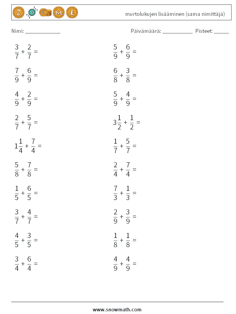 (20) murtolukujen lisääminen (sama nimittäjä) Matematiikan laskentataulukot 16