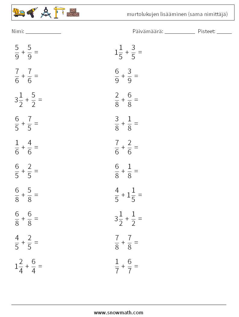 (20) murtolukujen lisääminen (sama nimittäjä) Matematiikan laskentataulukot 18