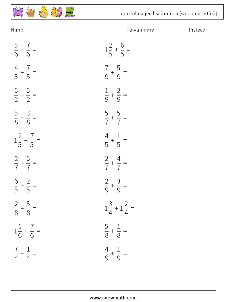 (20) murtolukujen lisääminen (sama nimittäjä) Matematiikan laskentataulukot 2
