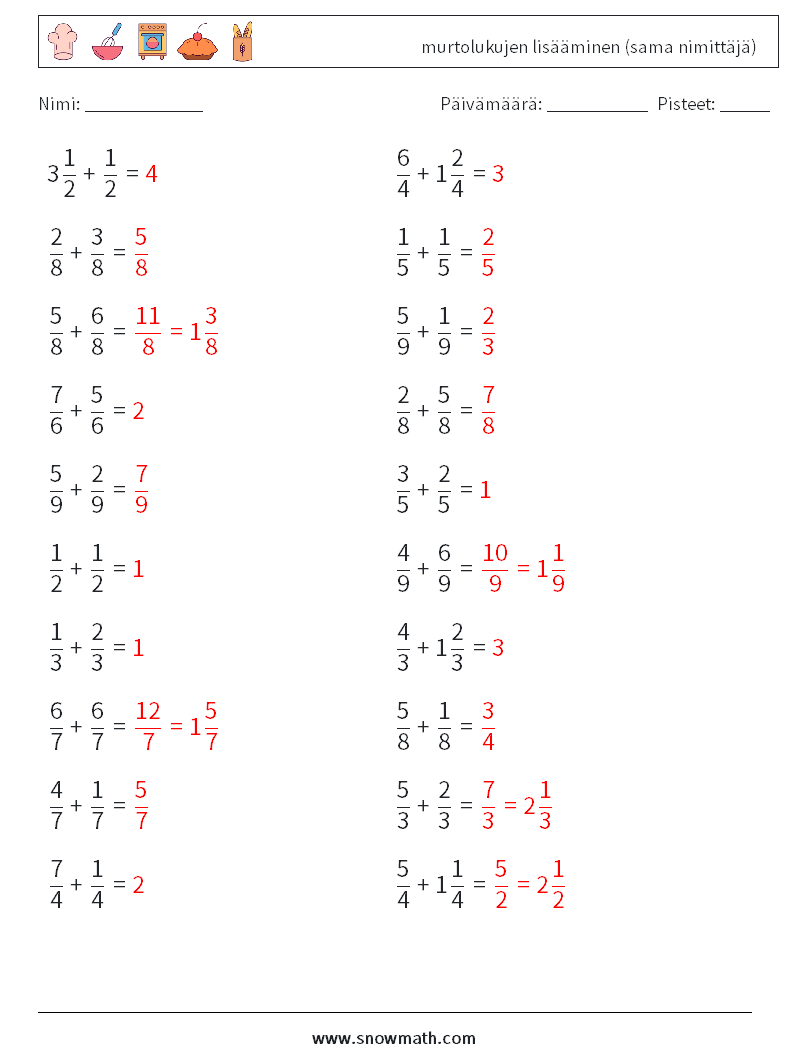 (20) murtolukujen lisääminen (sama nimittäjä) Matematiikan laskentataulukot 3 Kysymys, vastaus