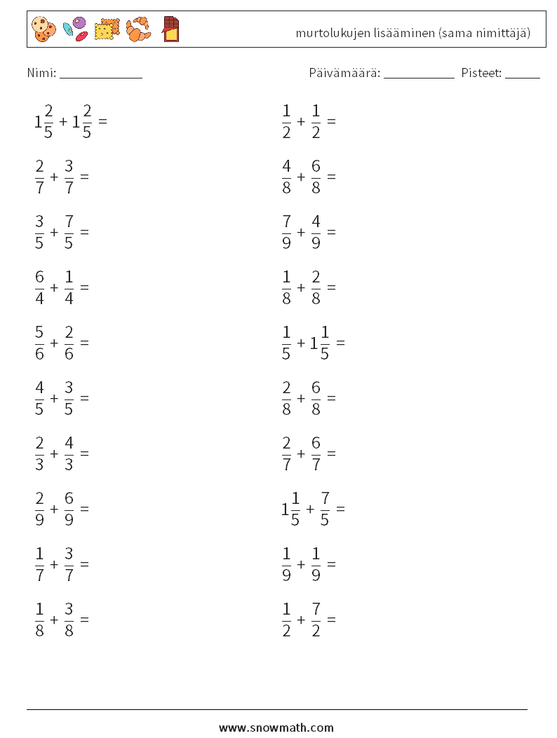 (20) murtolukujen lisääminen (sama nimittäjä) Matematiikan laskentataulukot 4
