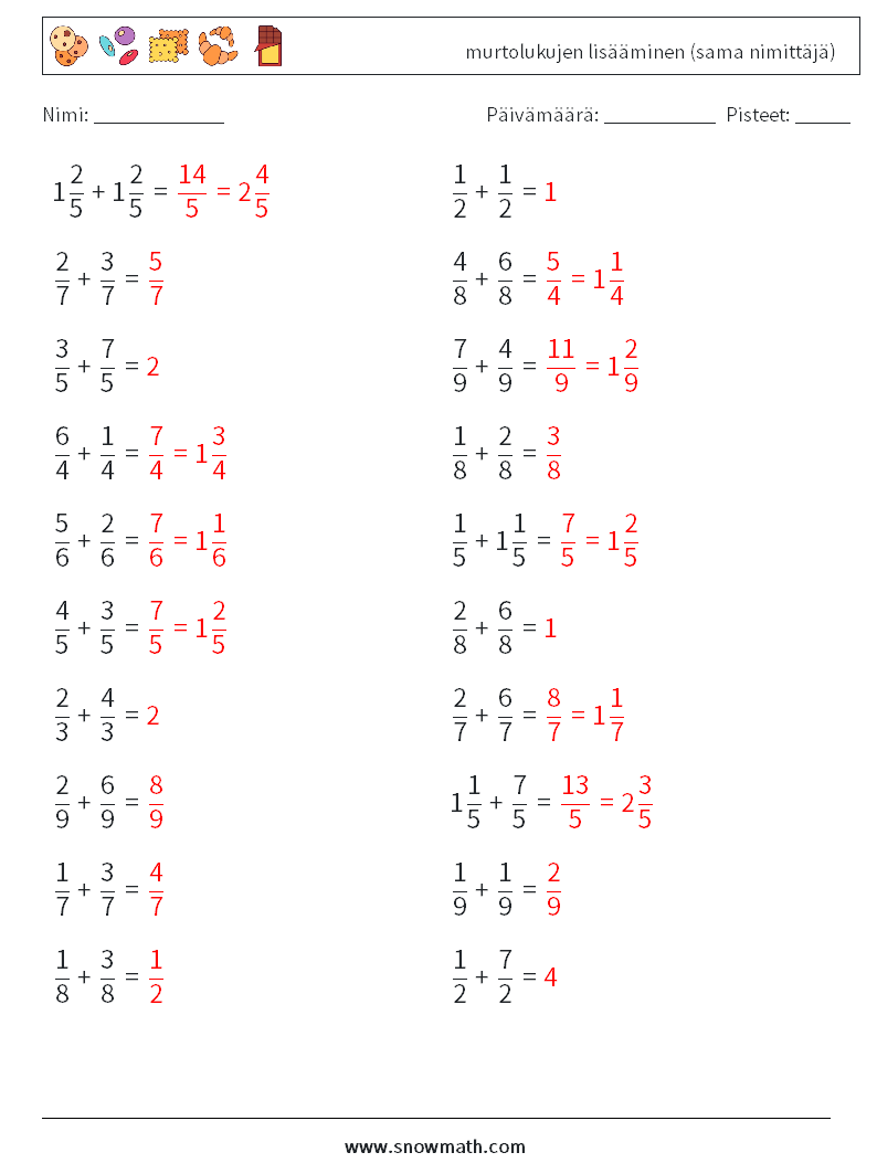 (20) murtolukujen lisääminen (sama nimittäjä) Matematiikan laskentataulukot 4 Kysymys, vastaus