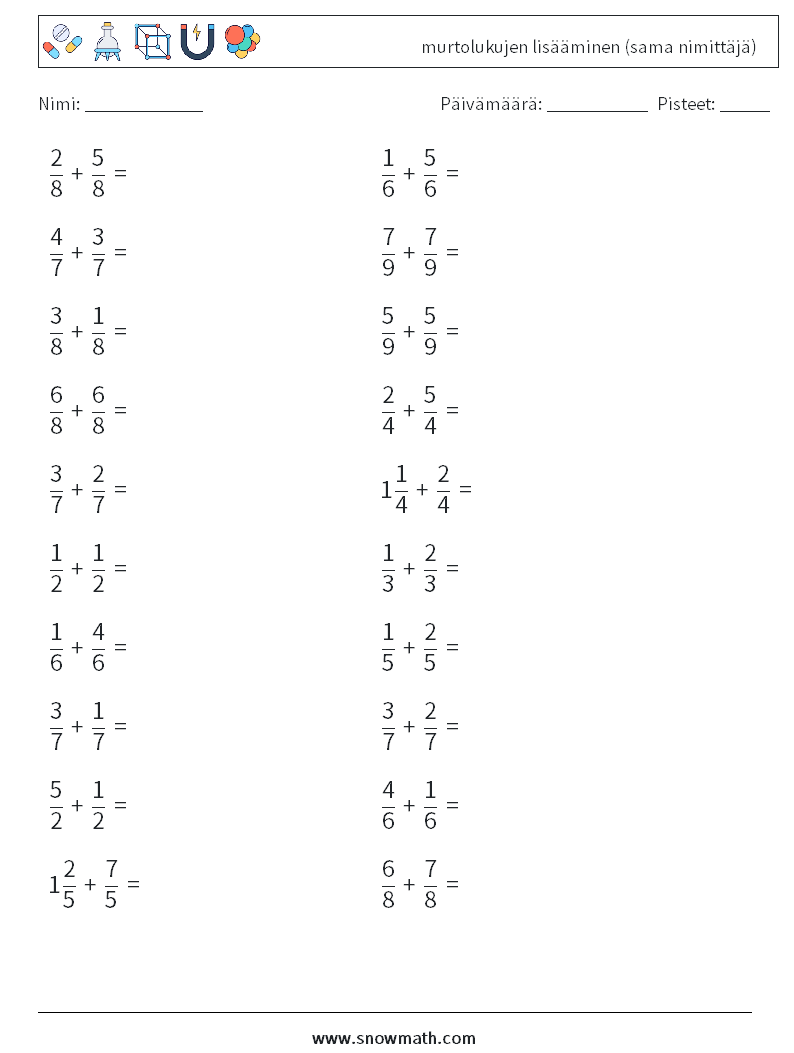 (20) murtolukujen lisääminen (sama nimittäjä) Matematiikan laskentataulukot 5