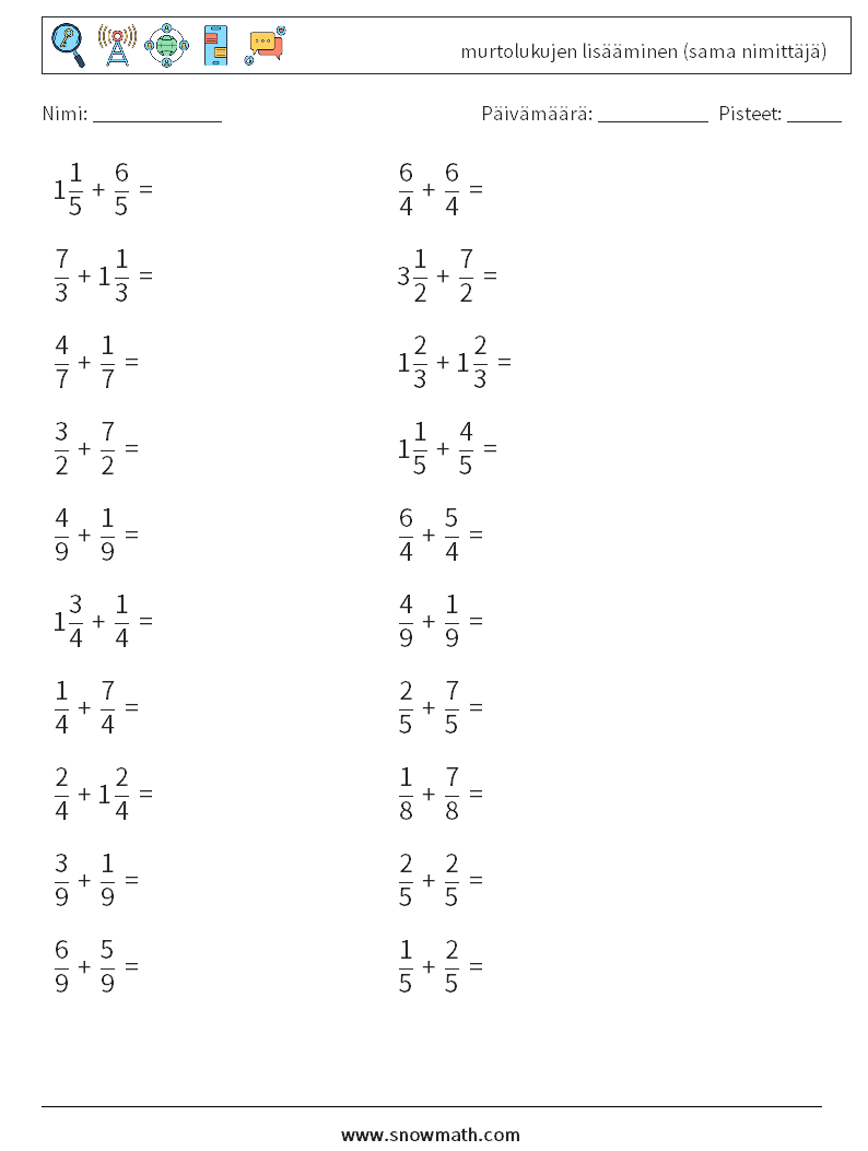 (20) murtolukujen lisääminen (sama nimittäjä) Matematiikan laskentataulukot 7