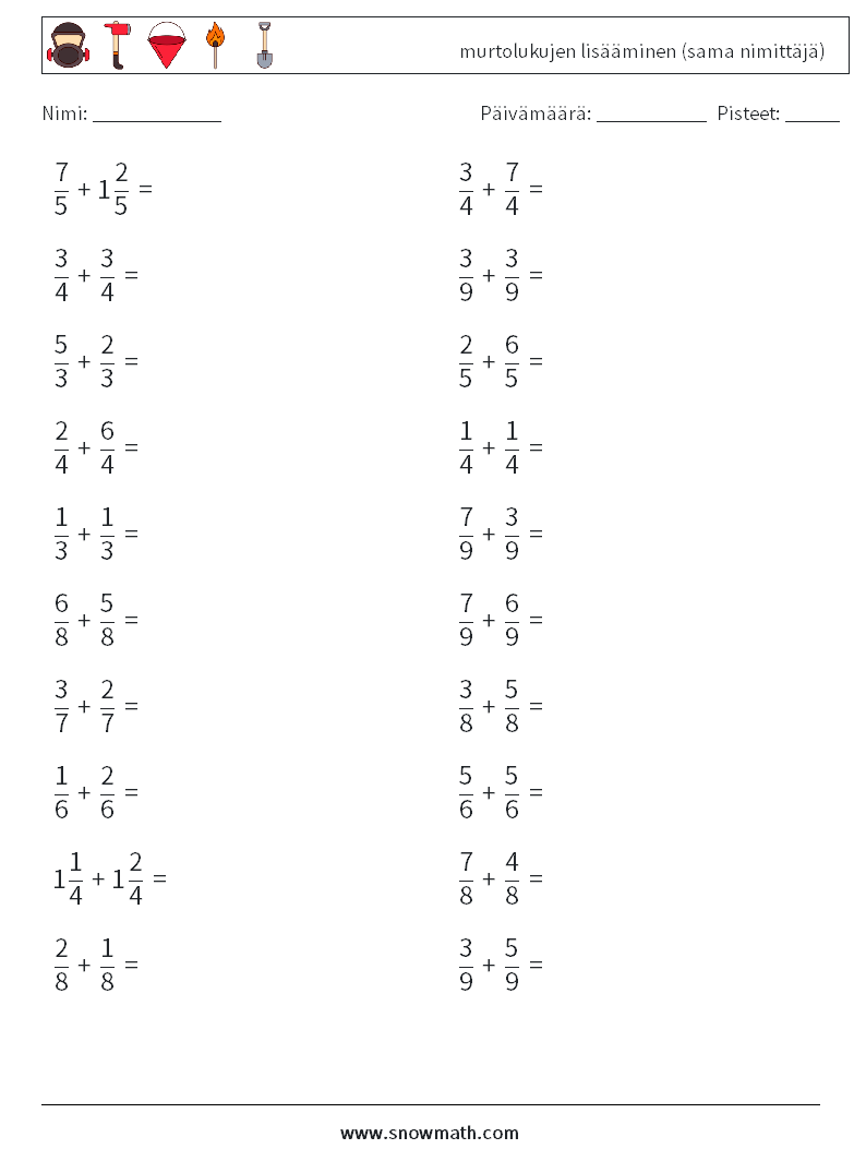 (20) murtolukujen lisääminen (sama nimittäjä) Matematiikan laskentataulukot 8