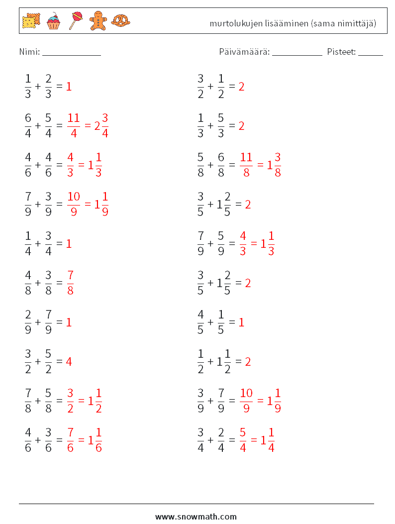 (20) murtolukujen lisääminen (sama nimittäjä) Matematiikan laskentataulukot 9 Kysymys, vastaus