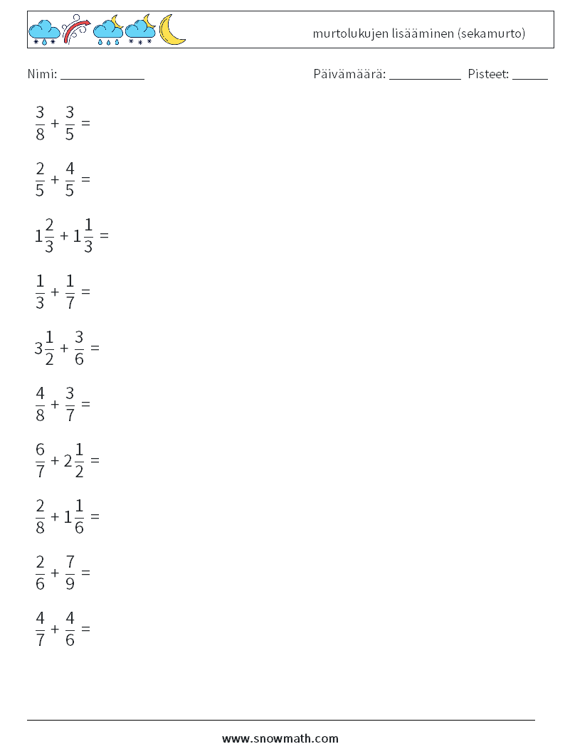 (10) murtolukujen lisääminen (sekamurto) Matematiikan laskentataulukot 13