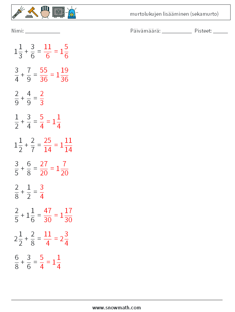 (10) murtolukujen lisääminen (sekamurto) Matematiikan laskentataulukot 15 Kysymys, vastaus